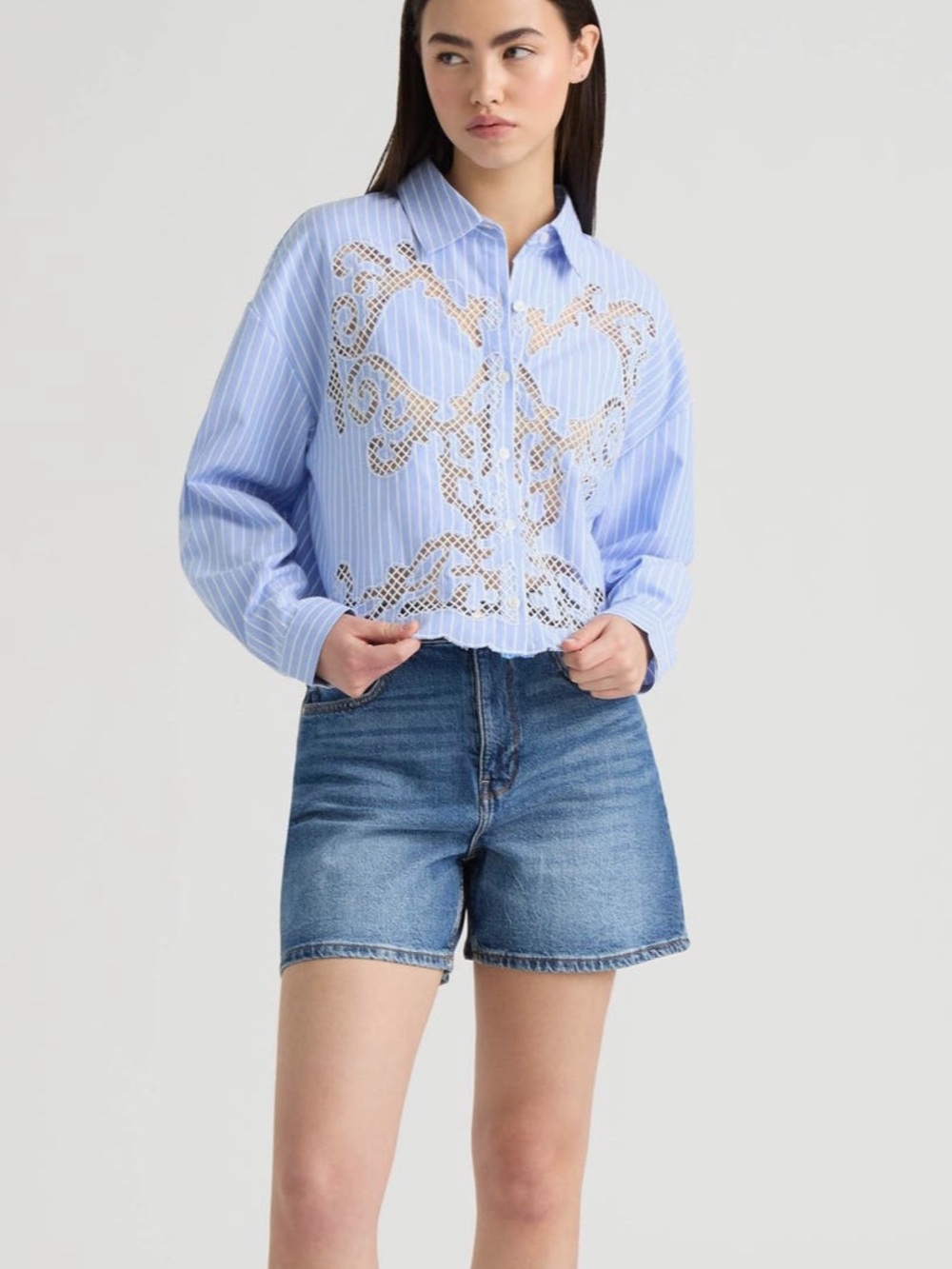 NVLT Embroidered Cutout Long Sleeve Button Up Large